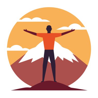  Retro Vintage Vector Art Illustration Art Design Tişört Tasarımı 'nda gün batımı siluetinde kolları açık duran bir adam.