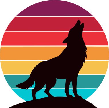 Kurt uluyan silueti Retro Vintage Arkaplan Vektör Sanat Resimleri Tişört Tasarım Sanat Klonu