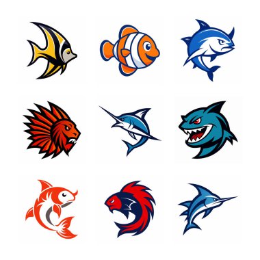 9 farklı balık maskotlu logo balığı, piranha, palyaço balığı, Betta balığı, yelken balığı, melek balığı, aslan balığı, kılıç balığı, mavi yüzgeçli.