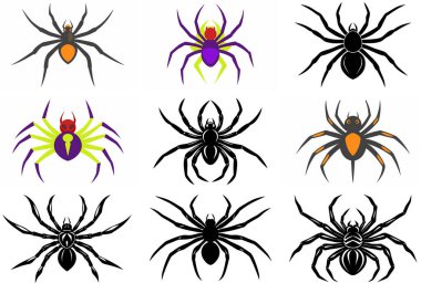9 farklı örümcek silueti vektörü