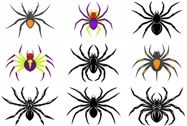 9 farklı örümcek silueti vektörü