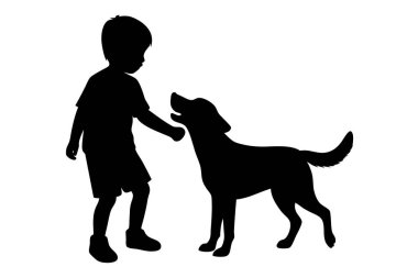 Siluet sanat vektörünün etrafında kesik bir çocuk ve köpek paly