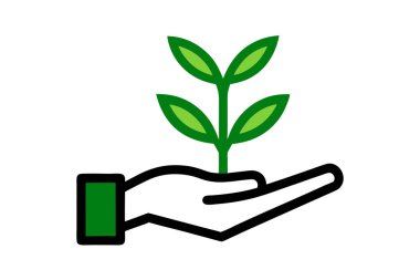 Bitki, bir el ikonunda filizlen. Çizgi, kabartma ve doldurulmuş renkli versiyon, el ele tutuşan bitki çizgisi ve doldurulmuş vektör işareti. Sembol, logo çizimi. Farklı biçim simgeleri seti. Beyaz arkaplanda vektör grafikleri