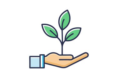 Bitki, bir el ikonunda filizlen. Çizgi, kabartma ve doldurulmuş renkli versiyon, el ele tutuşan bitki çizgisi ve doldurulmuş vektör işareti. Sembol, logo çizimi. Farklı biçim simgeleri seti. Beyaz arkaplanda vektör grafikleri