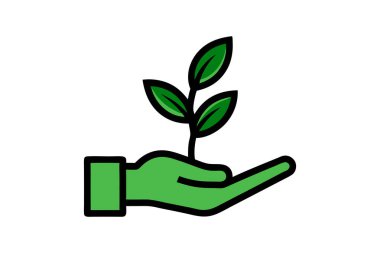 Bitki, bir el ikonunda filizlen. Çizgi, kabartma ve doldurulmuş renkli versiyon, el ele tutuşan bitki çizgisi ve doldurulmuş vektör işareti. Sembol, logo çizimi. Farklı biçim simgeleri seti. Beyaz arkaplanda vektör grafikleri