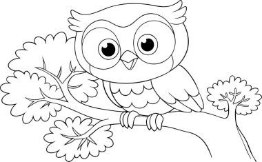  Ağaç boyama sayfasında sevimli kawaii çizgi film karakteri baykuşu, anaokulu için vektör yazdırılabilir çalışma kağıtları