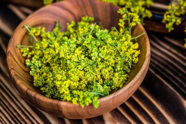 St. John otu. Hypericum bitkileri alternatif tıpta kullanılan sarı çiçekleri eski bir masadaki ahşap bir tabakta. Homeopatik tedaviler için tıbbi bitkiler Hypericum. Üst görünüm