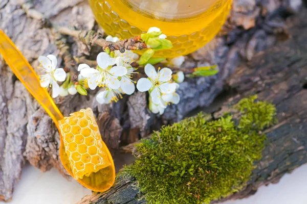 ハニーディッパー ハニースティックは ハニーコンズのカットオフ新鮮な蜂蜜の一部に位置しています 木製の背景に砂糖のアカシアの蜂蜜 春の気分 選択的焦点 — ストック写真