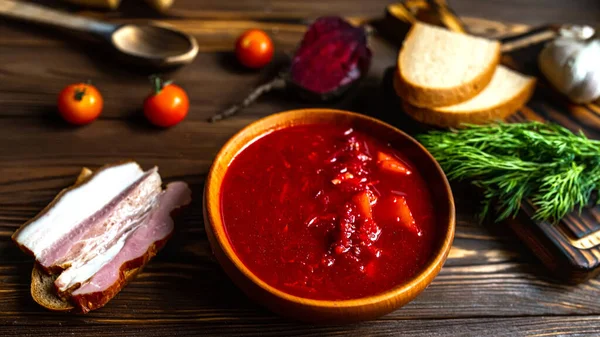 Borschtsch Ukrainische Rote Bete Suppe Und Specksandwich Zutaten Zum Kochen — Stockfoto