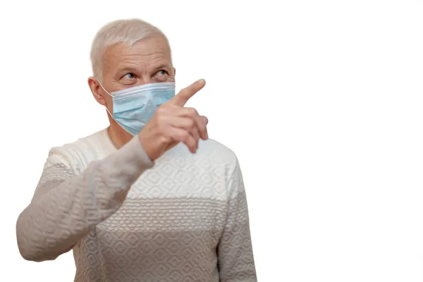 Elderly Handsome Man Medical Mask Points Finger Empty Place Pensioner — Stock Photo, Image