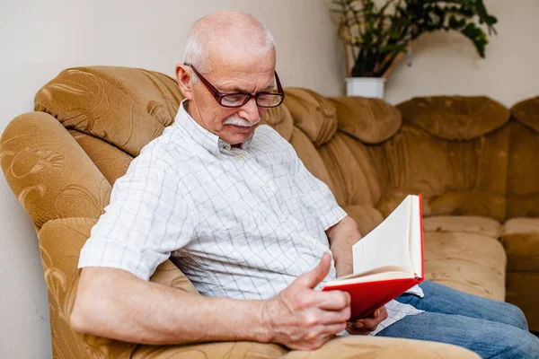 Senior Man Reading Book Home Elderly Businessman Makes Business Plan — Stock Photo, Image