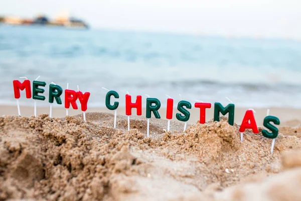 Inscription Merry Christmas Beach Celebrating Christmas Beach Vacation Resort Warm — Stock Photo, Image