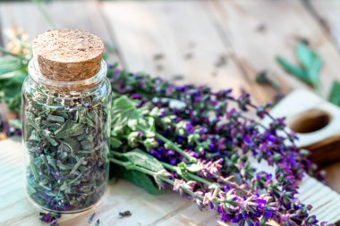 Cam kavanozda kurumuş adaçayı, eski ahşap masada taze adaçayı..