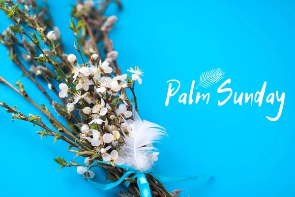 Text Palm Sunday. bouquet of willow and cherry branches. symbol of palm branch for holiday before Easter