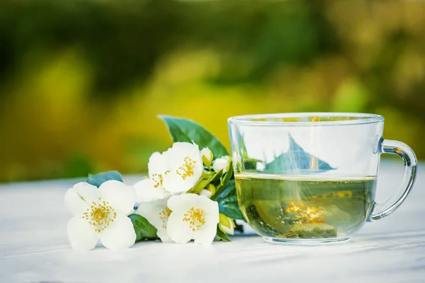 stock image Philadelphus or garden jasmine flowers, healthy herbal tea cup of hot tea. Romantic dinner with therapeutic fragrant tea