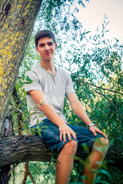 stock image Young underage guy waiting for custody on a tree