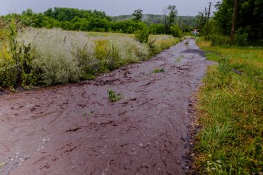 Kırsal yol boyunca akan su ırmakları. Yağmurdan sonra sel.