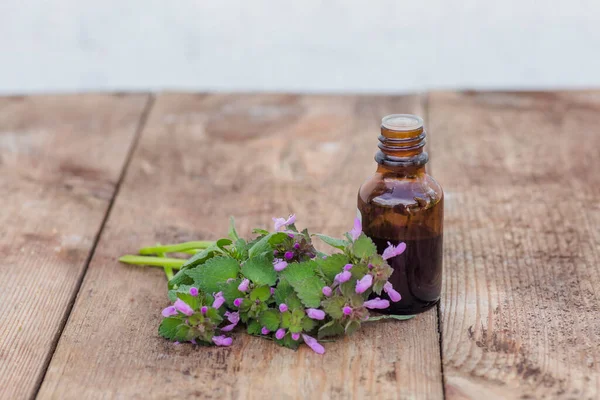 pharmaceutical bottle of medicine from Thymus vulgaris, common thyme, German, garden or just thyme on a wooden table. Preparation of medicinal plants. Ready potion of grass. Ethnoscience.
