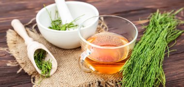 At kuyruğundan bir fincan çay, taze iksirden yapılmış, eczane havanından. At kuyruğu aşıları ödem için idrar söktürücü olarak kullanılır.