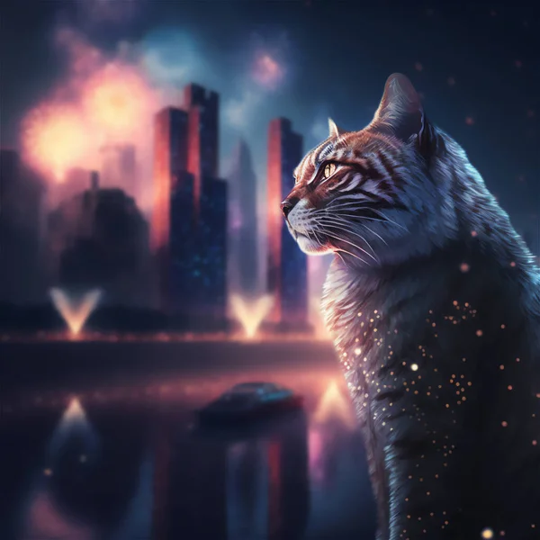 The cat is the symbol of the year 2023 at the time of the New Year against the background of the city with skyscrapers and fireworks that are reflected in the water. Generative AI