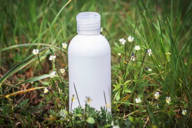 Shampoo with field pansy tincture. Cosmetic bottle, shampoo dispenser product package. Plastic bottle mockup in a meadow among the flowering Viola arvensis. Fresh young viola tricolor.