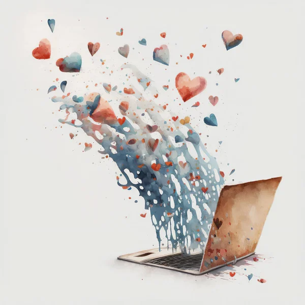 A letter of declaration of love for a laptop screen. The heart flies out of the letter sent by email. Valentinka in social networks. Valentine\'s Day. Generative AI