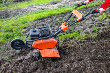 Motor cultivator with a raised front wheel and a furrow inserted into the ground during ploughing of the field before sowing seeds and planting seedlings in the spring.