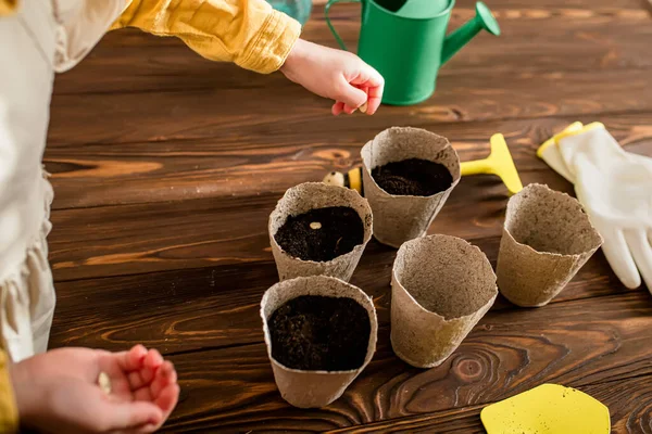 Seeds in the hands of a child. A small farmer sows seeds in pots to grow seedlings for planting in the garden in the spring.