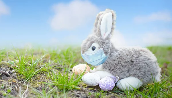 toy rabbit wearing coronavirus face mask with Easter eggs against blue sky with clouds. Happy Easter Banner. Easter egg hunt 2021 new reality concept