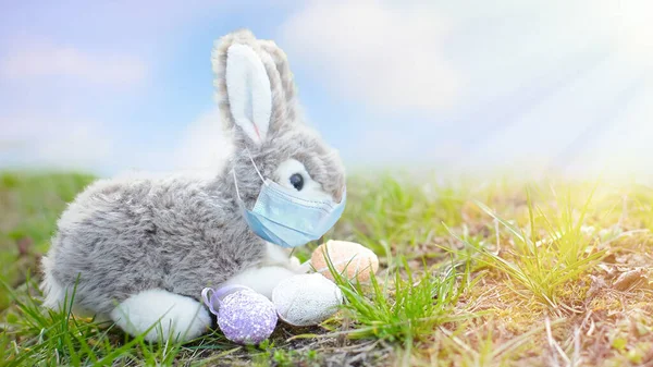 toy rabbit wearing coronavirus face protective mask with Easter eggs against blue sky with clouds. Happy Easter Banner. Easter egg hunt 2021 health concept, copy space