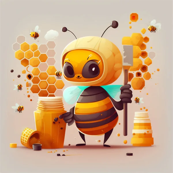 Cute bee building honeycombs. Beekeeper logo. Label for honey. Generative AI