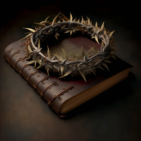 Crown of thorns on the Bible twisted circlet of rushes of Juncus balticus with thorns Ziziphus spina-christi adored as a relic. A symbol of Easter. A crown from the head of Jesus Christ on a dark background