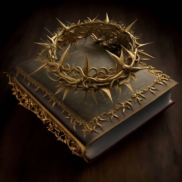 Crown of thorns on the Bible twisted circlet of rushes of Juncus balticus with thorns Ziziphus spina-christi adored as a relic. A symbol of Easter. A crown from the head of Jesus Christ on a dark background