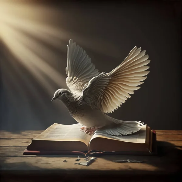 The white dove is a symbol of the holy spirit that descended from heaven over the open Bible
