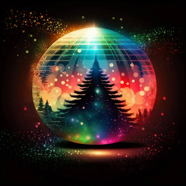 Rainbow disco ball with a Christmas tree on a dark background. Bright New Year\'s banner.