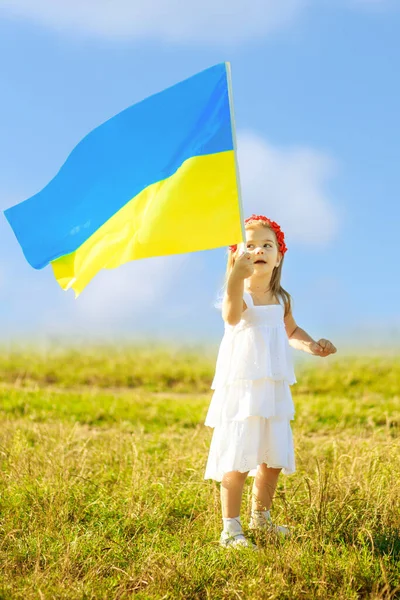 Синьо Жовтий Прапор України Летить Вітром Руках Маленької Української Дівчинки — стокове фото