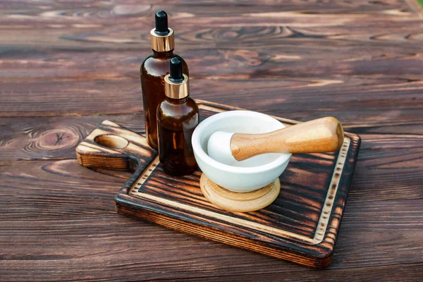 Set Pharmaceft Manufacturing Medicines Ecologically Pure Herbs Ceramic Mortar Wooden — Stok fotoğraf