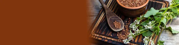 修剪过的荞麦花 农村的生活仍然是用勺子和有机的法古佩朗姆石榴一起生活 用假谷类食品烹调的谷物 — 图库照片