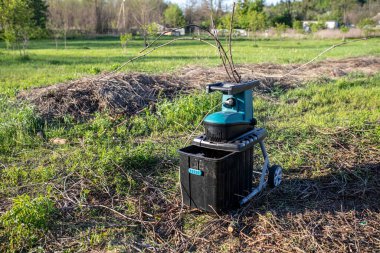 garden shredder was turned on in the net on the lawn next to a pile of dry branches that remained after pruning the garden during the spring work clipart