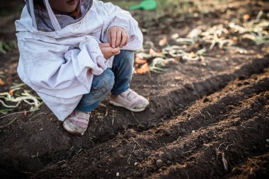 Çocukluk sevinci ve bahçıvanlığın zevkleri. Küçük kız yaz güneşinde bezelye yetiştirme eğilimindedir.