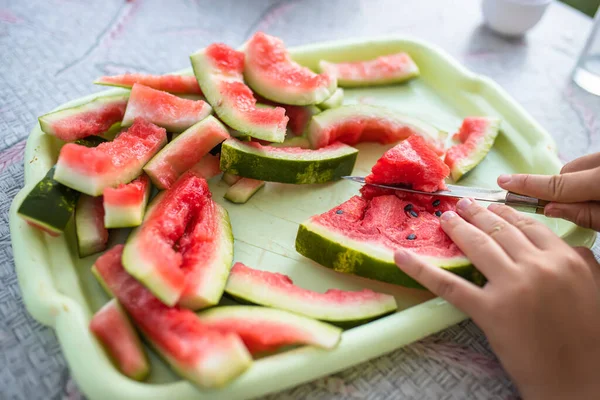 Skins Eaten Watermelon Tray Lot Delicious Watermelon Picnic Nature — Stock Photo, Image