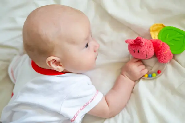 The baby plays with a toy. The first rattle of a child 2 months old. Child development