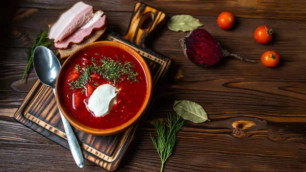 Ukrainian Russian National Red Borscht Wooden Surface Beet Root Delicious — Stock Photo, Image
