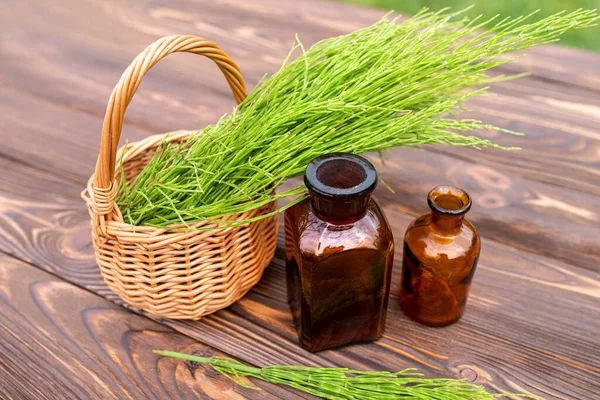 İksirleri hazırlamak için toplanan sepette taze at kuyruğu filizleri. Kurumuş bitkilerle dolu tıbbi kavanozlar.