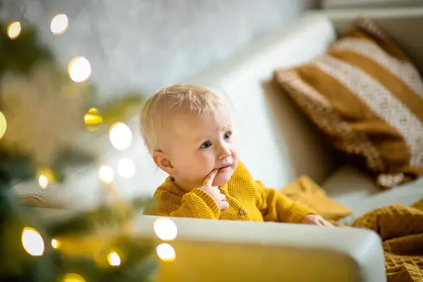 Little girl with finger in mouth in front of fur-tree with lights and gold decor. surprised girl. New years eve. Christmas eve. Cozy holiday at fur-tree concept.