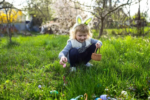 girl wear bunny ears and gathering Easter eggs on Easter egg hunt in garden