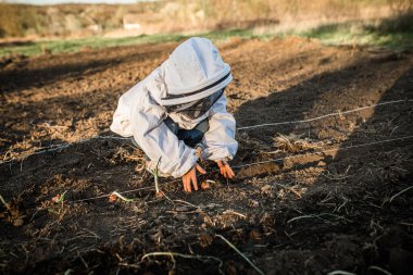 Beyaz koruyucu giysiler giyen biri, bahçedeki soğandır..