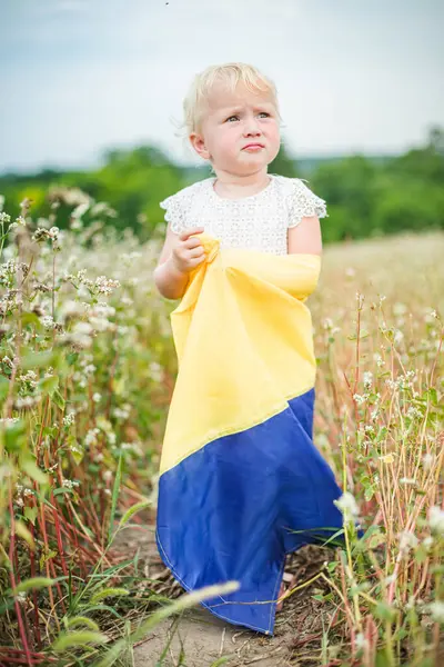 stock image A child walks through a flower-filled field, proudly holding the Ukrainian flag on Independence Day.