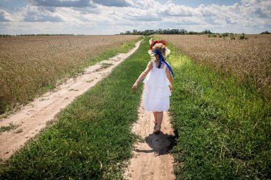 Geleneksel beyaz elbiseli, renkli elbiseli genç bir kız Ukrayna 'nın pitoresk bir manzarasında kirli bir yolda yürüyor. Sahne, Bağımsızlık Günü 'nün özünü yakalıyor. 