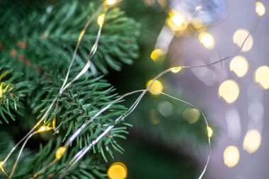 Parıldayan sıcak ışıklarla süslenmiş güzel dekore edilmiş bir Noel ağacı, bayram sezonunun ve yeni yıl kutlamalarının neşeli ruhunu tamamlayan, neşeli bir atmosfer yaratır..